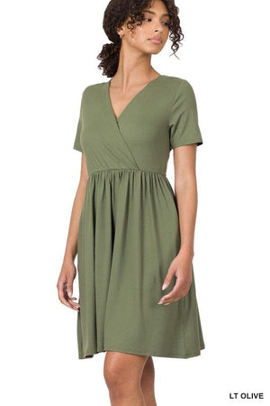 BRUSHED DTY BUTTERY SOFT FABRIC SURPLICE DRESS ZENANA LT OLIVE XL 