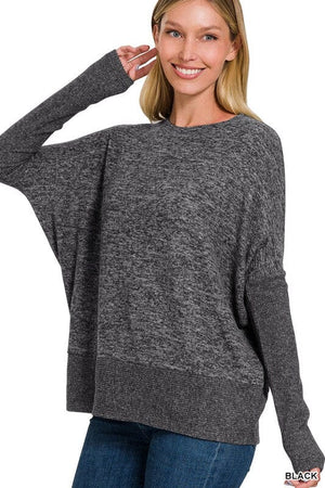 BRUSHED MELANGE HACCI DOLMAN SLEEVE SWEATER ZENANA BLACK S 