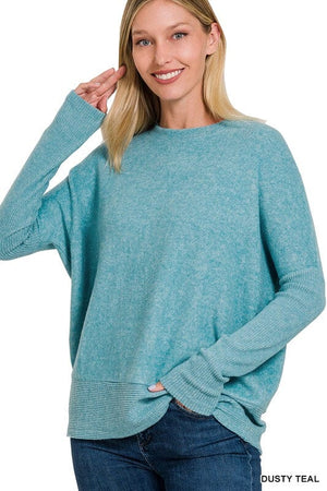 BRUSHED MELANGE HACCI DOLMAN SLEEVE SWEATER ZENANA DUSTY TEAL S 