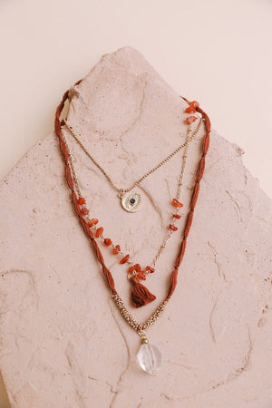 Carnelian & Crystal Drop Multi Layered Necklace Leto Accessories Rust As Shown 