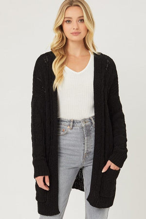 Chenille Cable Knit Oversized Open Front Cardigan Love Tree BLACK S 