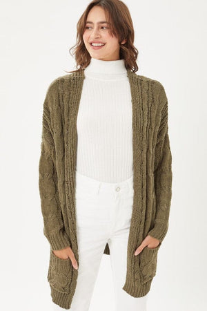 Chenille Cable Knit Oversized Open Front Cardigan Love Tree OLIVE OIL S 