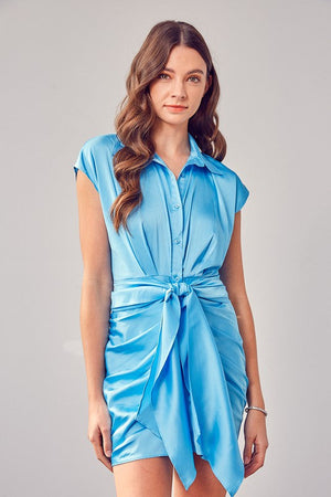 COLLAR BUTTON UP FRONT TIE DRESS Do + Be Collection FRENCH BLUE L 