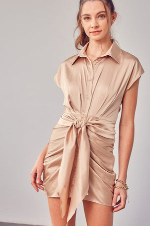 COLLAR BUTTON UP FRONT TIE DRESS Do + Be Collection TAUPE L 