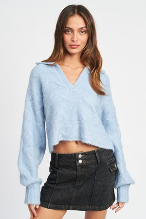 COLLARED CABLEKNIT BOXY SWEATER Emory Park LIGHT BLUE S 