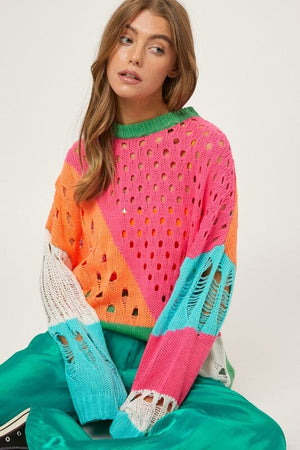 COLOR BLOCK DISTRESSED DETAIL PULLOVER SWEATER Davi & Dani NEON MULTI S 