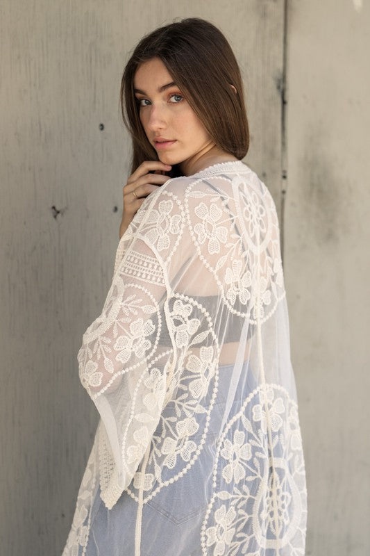 Contrast Mesh Cotton Lace Kimono Leto Accessories Ivory One Size 