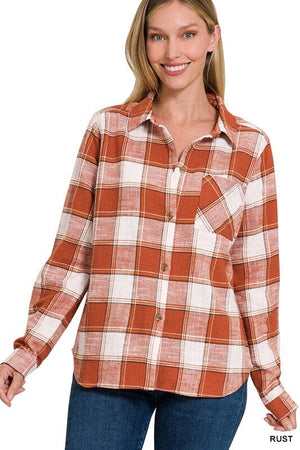 COTTON PLAID SHACKET WITH FRONT POCKET ZENANA RUST S 