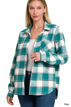 COTTON PLAID SHACKET WITH FRONT POCKET ZENANA TEAL S 
