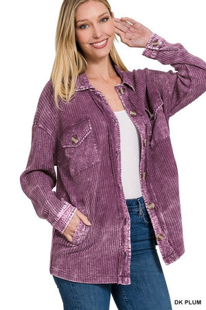 COTTON WAFFLE ACID WASH SHACKET ZENANA DK PLUM S 