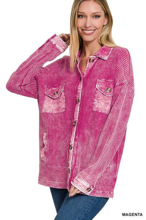 COTTON WAFFLE ACID WASH SHACKET ZENANA MAGENTA S 