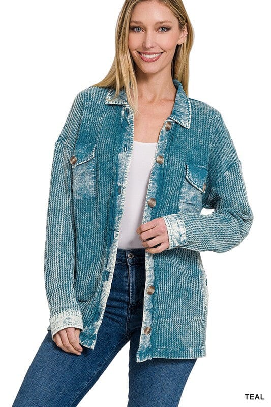 COTTON WAFFLE ACID WASH SHACKET ZENANA TEAL S 