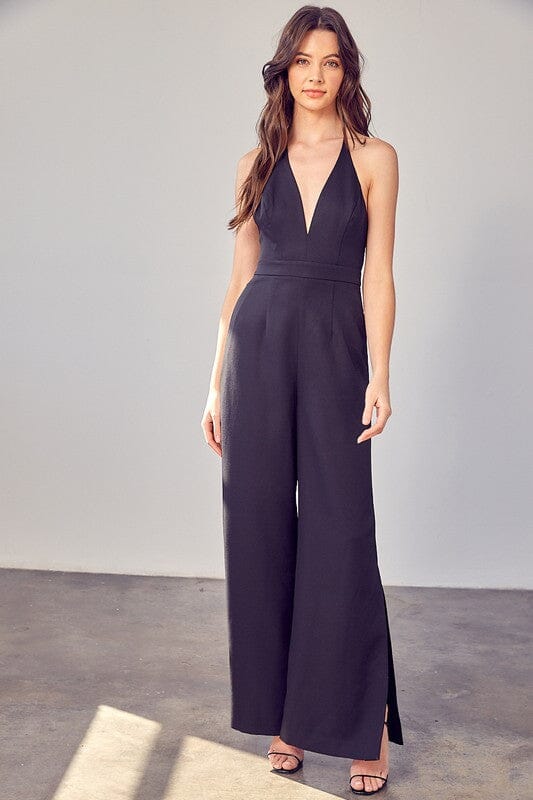 DEEP V-NECK WIDE LEG JUMPSUIT Do + Be Collection BLACK S 