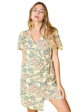 Ditsy Floral Wrap Dress EG fashion Yellow S 