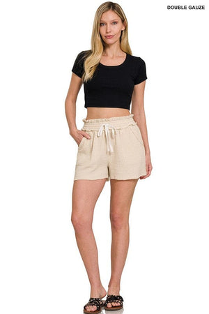 DOUBLE ELASTICBAND DRAWSTRING WAIST SHORTS ZENANA 