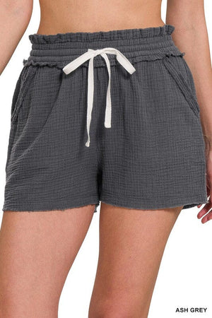 DOUBLE ELASTICBAND DRAWSTRING WAIST SHORTS ZENANA ASH GREY S 