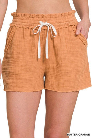 DOUBLE ELASTICBAND DRAWSTRING WAIST SHORTS ZENANA BUTTER ORANGE S 