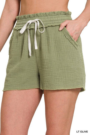 DOUBLE ELASTICBAND DRAWSTRING WAIST SHORTS ZENANA LT OLIVE S 