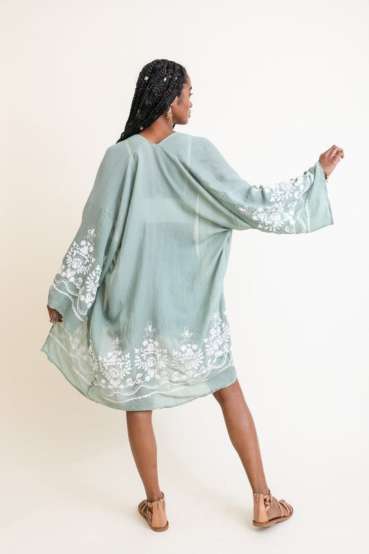 Embroidered Floral Vine Lightweight Kimono Leto Accessories Sage Default 