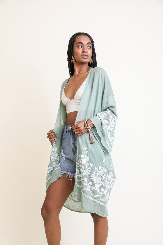 Embroidered Floral Vine Lightweight Kimono Leto Accessories Sage Default 