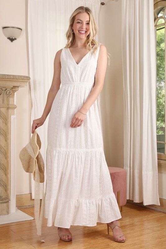 Embroidered white V neckline tiered dress Lilou WHITE S 