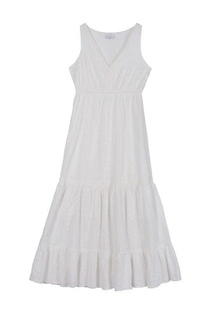 Embroidered white V neckline tiered dress Lilou 