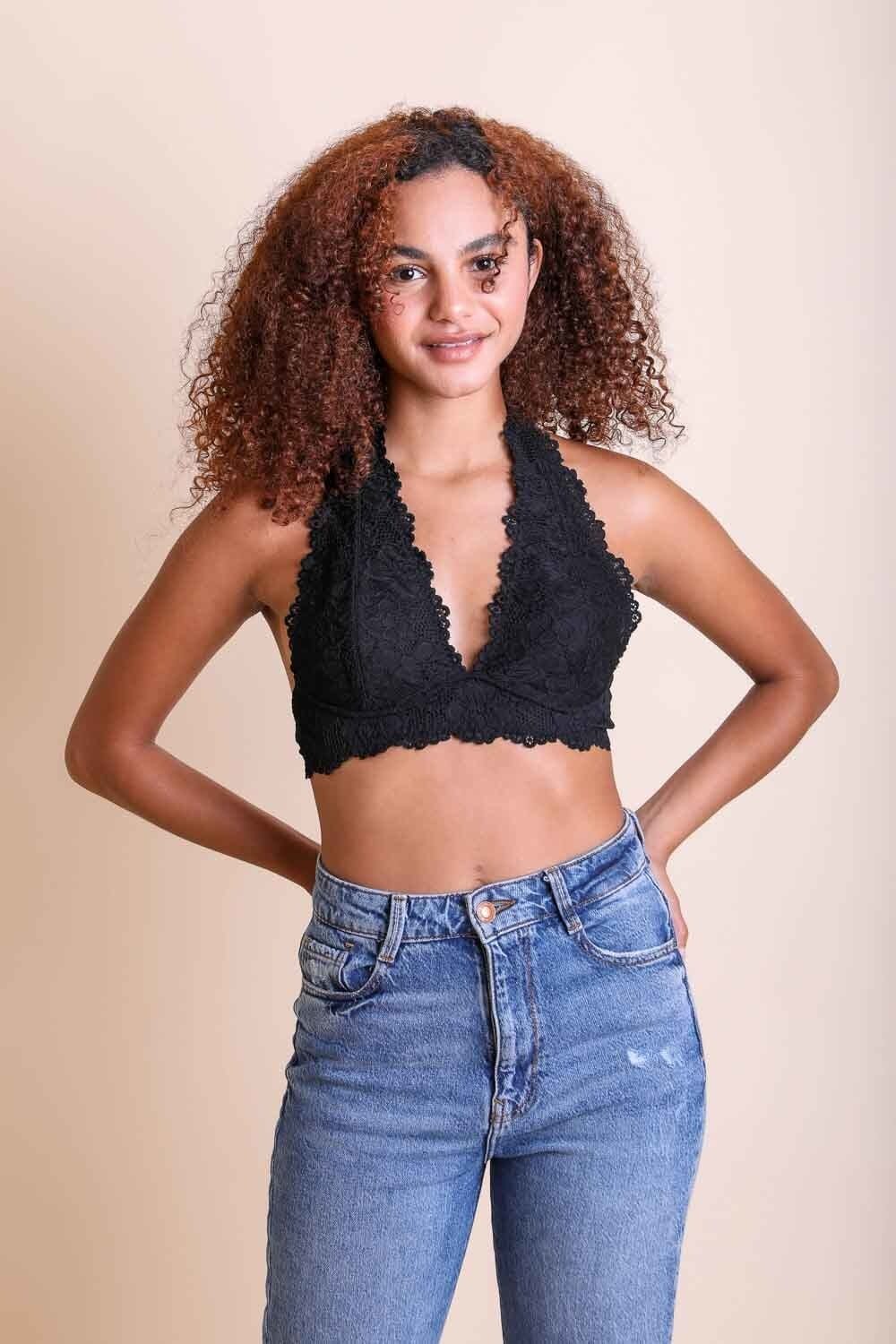 Floral Lace Halter Bralette Leto Collection Small Black 