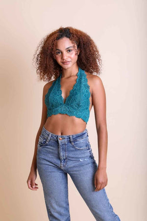 Floral Lace Halter Bralette Leto Collection Small Teal 