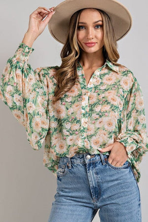 FLORAL PRINT BLOUSE TOP eesome KELLY GREEN S 