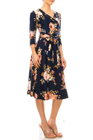 Floral print, faux wrap dress with deep V-neck Moa Collection 