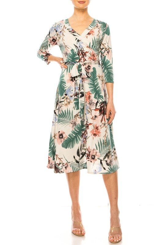 Floral print, faux wrap dress with deep V-neck Moa Collection TAUPE-PINK S 