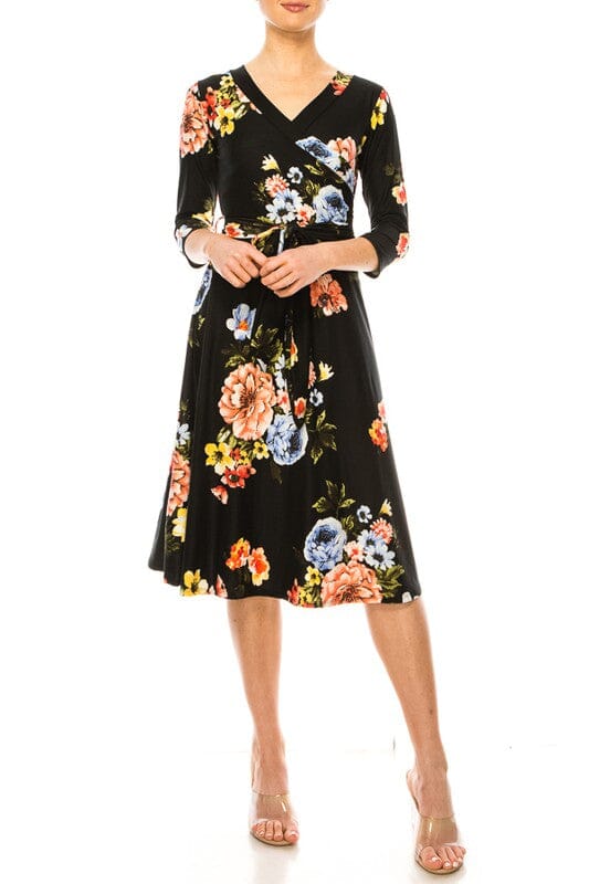 Floral V-Neck Knee Length Wrap Dress