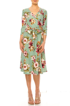 Floral print, faux wrap dress with deep V-neck Moa Collection Sage S 
