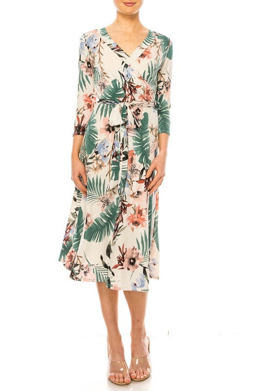 Floral print, faux wrap dress with deep V-neck Moa Collection TAUPE-PINK S 
