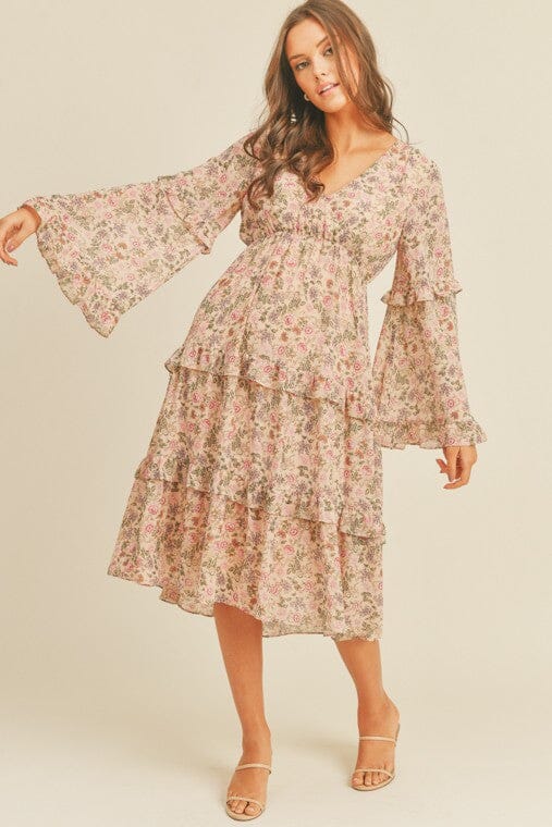 Floral Print Midi Dress Lush Clothing CREAM FUCHSIA FLORAL S 