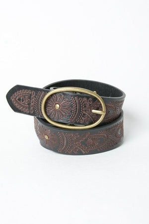 Floral Stitch Oval Buckle Belt Leto Accessories Black Default 