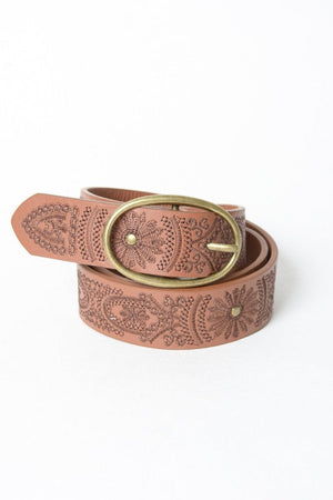 Floral Stitch Oval Buckle Belt Leto Accessories Camel Default 
