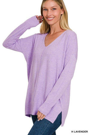 GARMENT DYED FRONT SEAM SWEATER ZENANA H LAVENDER S/M 