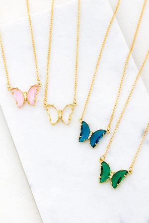 Gem Stone Butterfly Pendant Necklace - Assorted Colors LA3accessories 