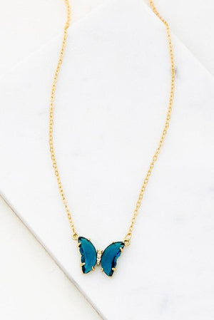 Gem Stone Butterfly Pendant Necklace - Assorted Colors LA3accessories Blue one size 