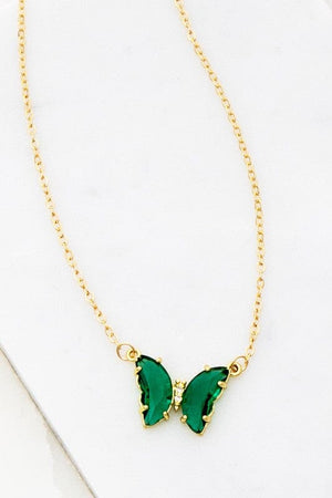 Gem Stone Butterfly Pendant Necklace - Assorted Colors LA3accessories Green one size 