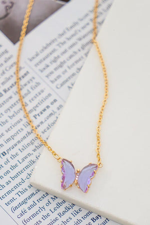 Gem Stone Butterfly Pendant Necklace - Assorted Colors LA3accessories Violet one size 