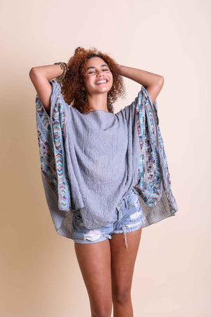 Geometric Embroidered Sleeve Kimono - Multiple Colors Leto Accessories Gray Default 