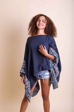Geometric Embroidered Sleeve Kimono - Multiple Colors Leto Accessories Navy Default 
