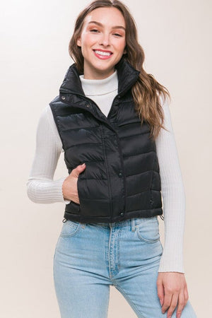 High Neck Zip Up Puffer Vest with Storage Pouch Love Tree BLACK S 