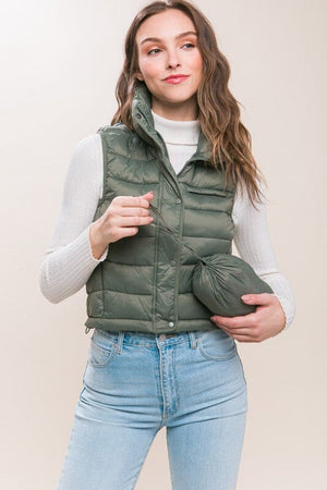 High Neck Zip Up Puffer Vest with Storage Pouch Love Tree EVER GREEN S 