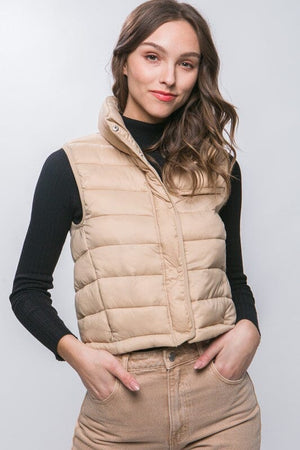 High Neck Zip Up Puffer Vest with Storage Pouch Love Tree KHAKI S 
