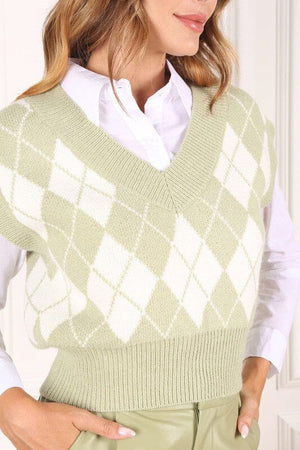 Knitted argyle sweater vest Lilou Green S 