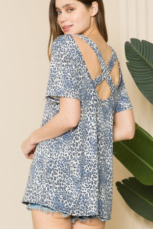 Leopard Short Sleeve V Neck Top Acting Pro Navy L 