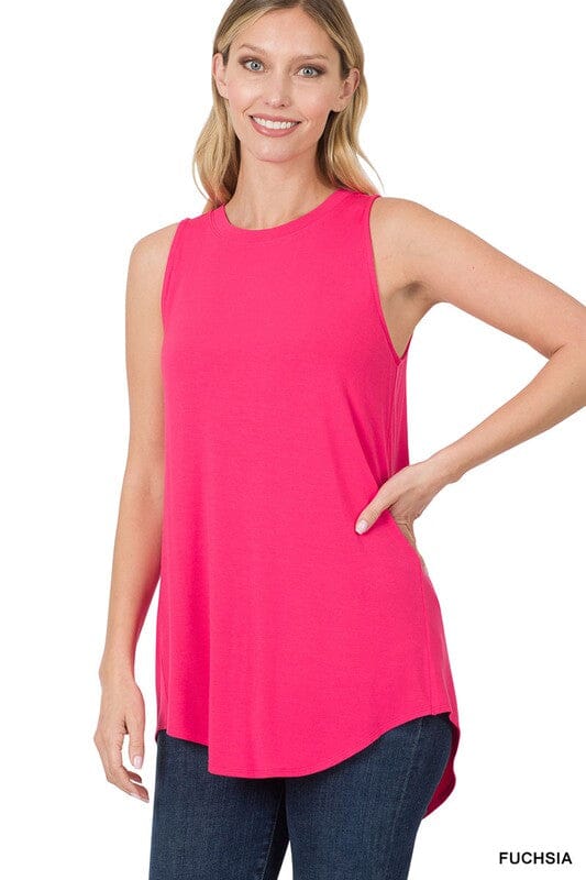 LUXE RAYON SLEEVELESS ROUND NECK HI-LOW HEM TOP ZENANA ICE BLUE S 